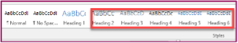 Screenshot of the Styles panel in Word with Headings 2, 3, 4, 5 and 6 highlighted.