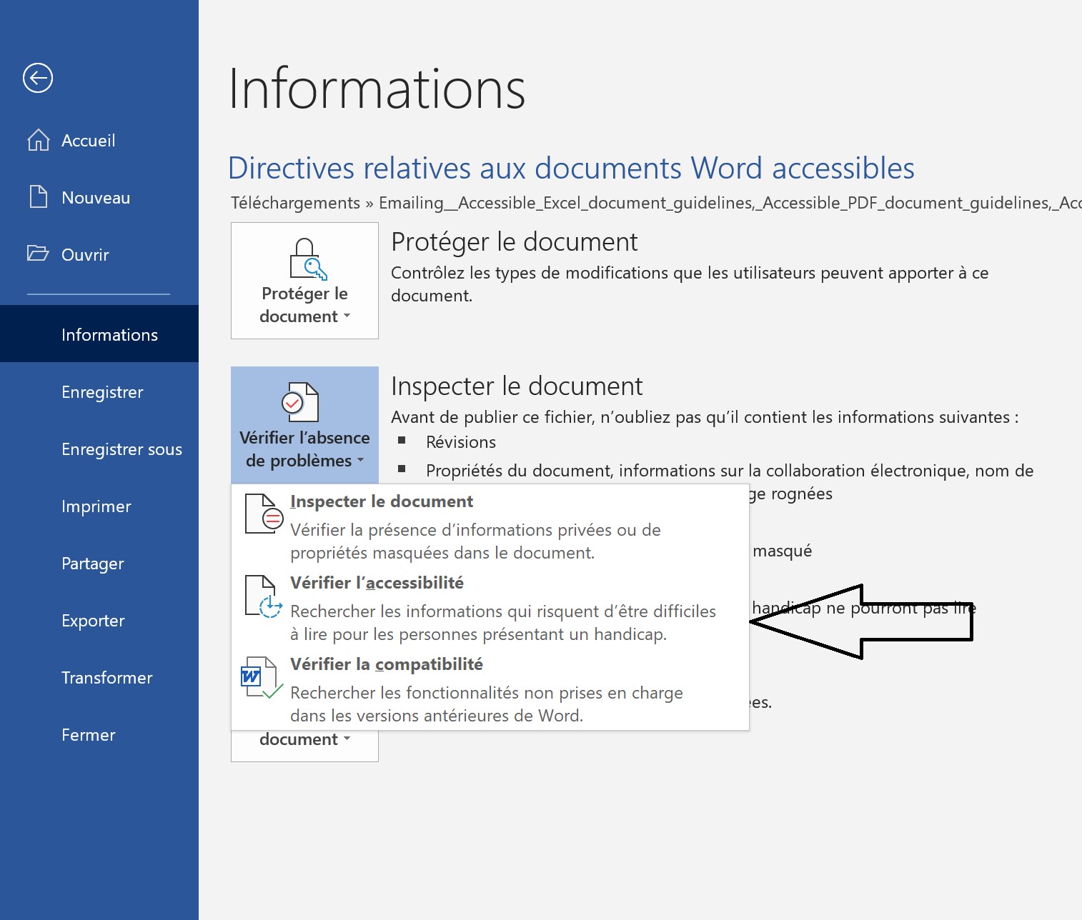 Capture d’écran de Menu Vérification de l’accessibilité