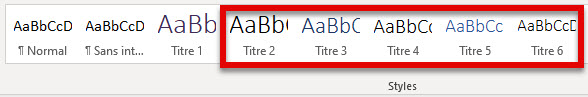 Capture d'écran du panneau Styles dans Word avec les rubriques 2, 3, 4, 5 et 6 en surbrillance.